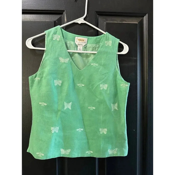 Talbots Trish Linen Green Butterfly V-Neck Crop Top Size 4 Petite - Picture 1 of 6